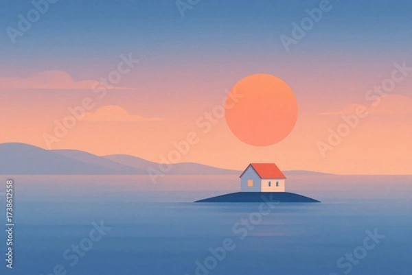 Fototapeta Minimalist pastel landscape with small house on island at sunset, dreamy serene seascape with mountains and soft gradient tones. Illustration by Generative AI