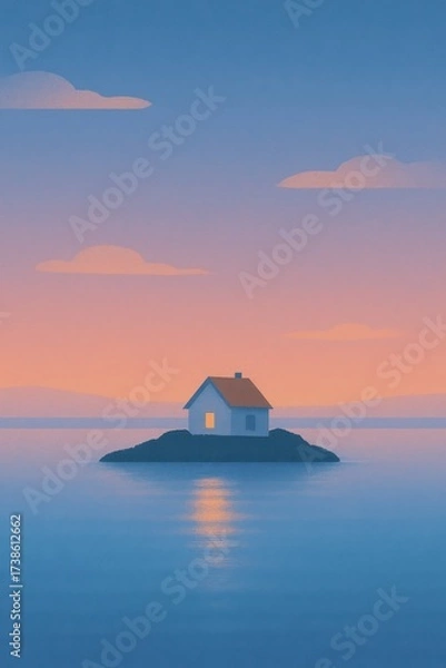 Fototapeta Minimalist pastel seascape with small house on island at sunset, cozy serene nature scenery in soft gradient tones, dreamy background illustration. Illustration by Generative AI