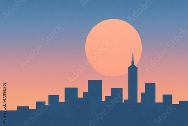 Fototapeta Minimalist city skyline silhouette at sunset with pastel gradient sky and large glowing sun, modern urban landscape abstract illustration. Illustration by Generative AI