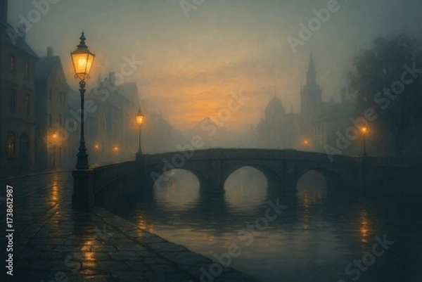Fototapeta Foggy night city with illuminated lanterns on stone bridge over river, gothic architecture in misty atmosphere. Illustration by Generative AI