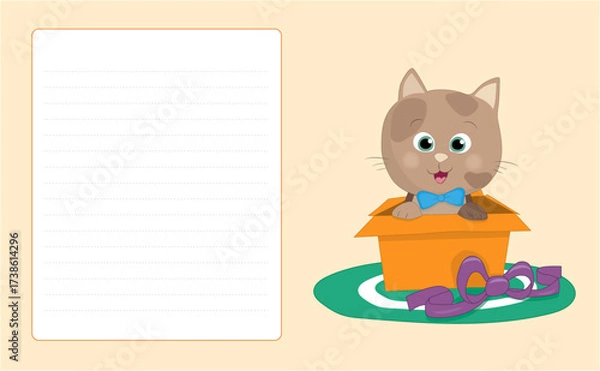Obraz Vector infographic template Children book with a cartoon looking brown color cat in a box and a white page on the left side