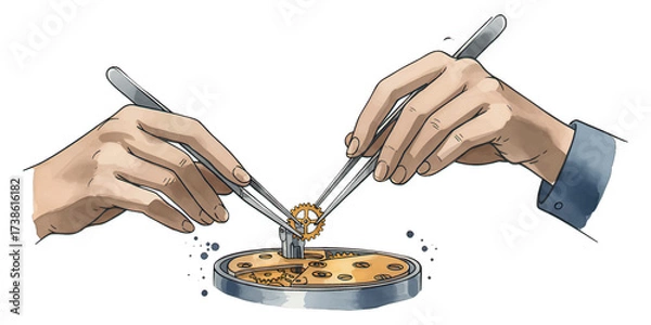 Obraz Two stylish, vintage-inspired hands using a delicate pair of silver tweezers to carefully place a tiny golden gear