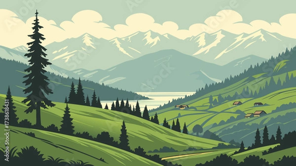 Fototapeta A picturesque mountain landscape with rolling green hills, a serene lake, and snowcapped peaks in the distance, creating a tranquil and scenic view