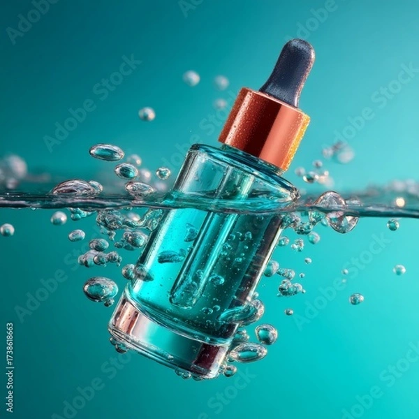 Fototapeta A bottle of liquid, possibly a supplement or vitamin capsule, submerged in water bubbles. The bottle has a blue cap and is surrounded by clear, sparkling water that suggests it's underwater.