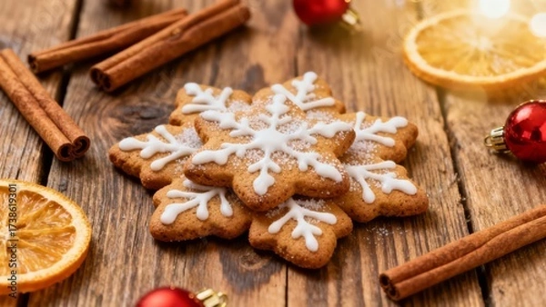Fototapeta Winter holiday cookie decorated with icing and surrounded by spices and festive ornaments on a wooden table