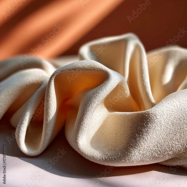 Fototapeta A close-up of a hand gently holding a pile of cream-colored velvet fabric with a subtle sheen, set against a warm orange background that casts soft shadows on the textured surface