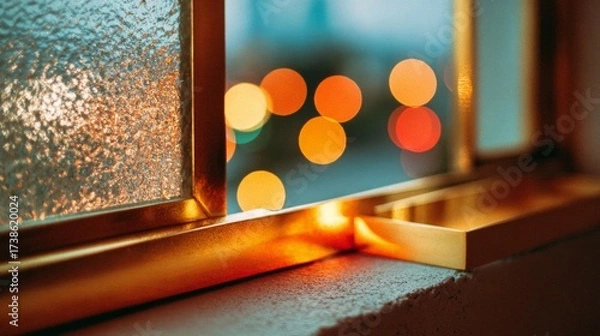 Fototapeta A window frame at night, with a focus on its reflection in the glass. The composition is a close-up/flat lay shot, capturing the texture of the window frame against the backdrop of city lights.