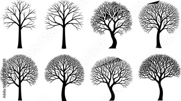 Obraz Set of leafless tree silhouettes with diverse branching styles, perfect for nature design, seasonal themes, and botanical illustration projects.