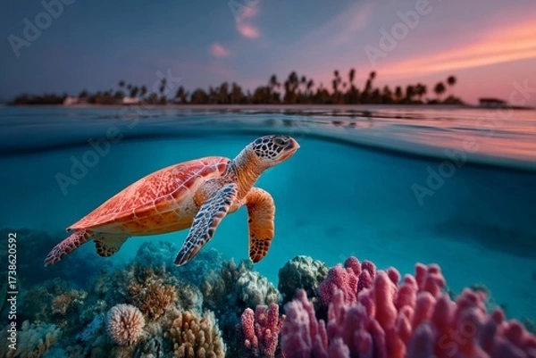 Fototapeta A turtle swimming in the ocean at sunset with a soft lighting effect, showcasing its vibrant colors against the coral reefs