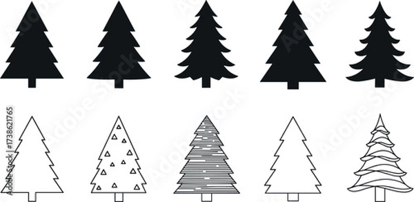 Obraz Set of stylized pine tree vector icons in black silhouette and decorative outline style for nature, forest, holiday, and design themes