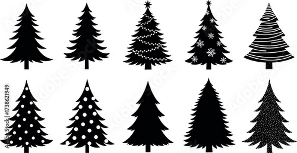 Obraz Set of ten black Christmas tree silhouettes with decorative styles, ornaments, stars, snowflakes, and festive graphic elements for holiday design