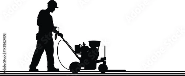 Fototapeta Silhouette of construction worker operating line striping machine for road or pavement marking, showing traffic control, painting lines, and infrastructure maintenance activity\