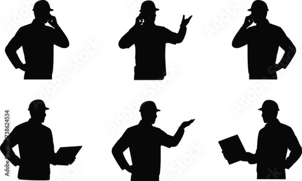 Fototapeta Silhouettes of engineers and managers at construction sites making calls, pointing, and reviewing documents or plans for project management and building supervision illustration