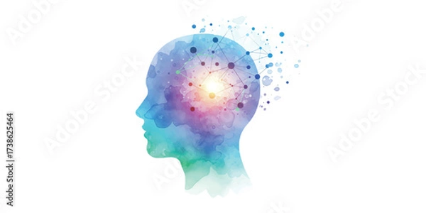 Obraz А stylized human head in profile, subtly integrated with glowing, interconnected data points and abstract network lines