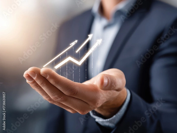 Fototapeta Growth strategy advisor offering rising chart arrow symbol in open hand for use in investment advertising, business presentations, corporate training and marketing of financial consulting services