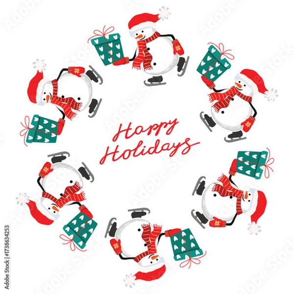 Fototapeta Skating snowman with a gift. Funny cartoon character in a hat and scarf. Christmas frame round shape. Happy holiday poster with hand written. Festive border on white background. Vector design.