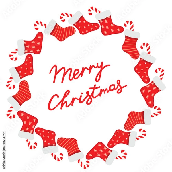 Fototapeta Merry Christmas poster with red socks and candy cane. Round frame with cartoon objects and hand written congratulation. Festive border on white background. Vector design for winter holidays.