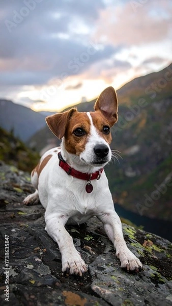 Obraz Dog resting on mountaintop