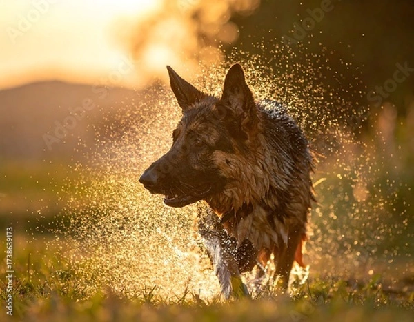Obraz Dog splashing in sunset
