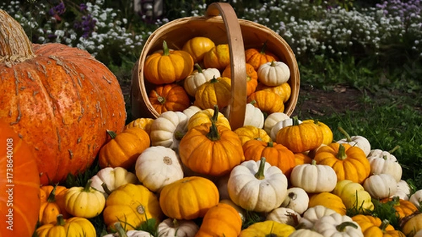 Fototapeta A composition of pumpkins of various sizes, shapes, and colors against a backdrop of green grass. The pumpkins are densely packed together. The photo is taken at eye level, close-up. 