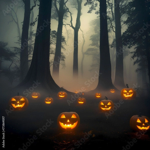 Fototapeta halloween background with pumpkin, jack o lanterns in a forest at night