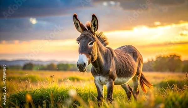 Obraz Donkey at sunset in a field