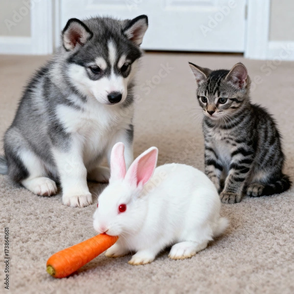 Fototapeta Witness the heartwarming scene of an adorable Husky Puppy and a cute Kitten curiously observing a fluffy white Bunny as it munches on a bright orange Carrot.  