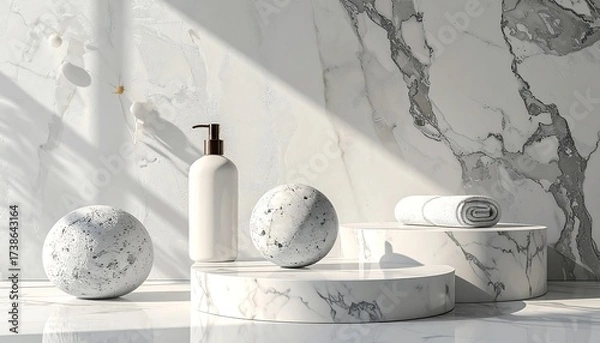 Obraz White marble display with beauty products