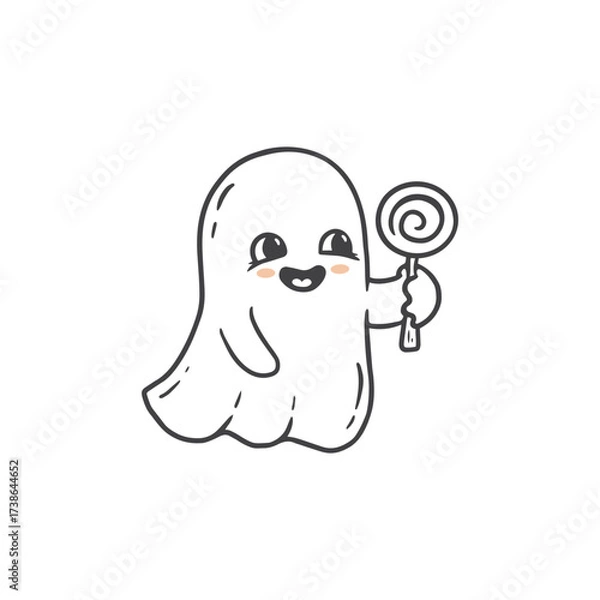 Fototapeta cute halloween ghost. Sketch of ghost on white background. Funny ghost with candy in doodle style.Vector illustration