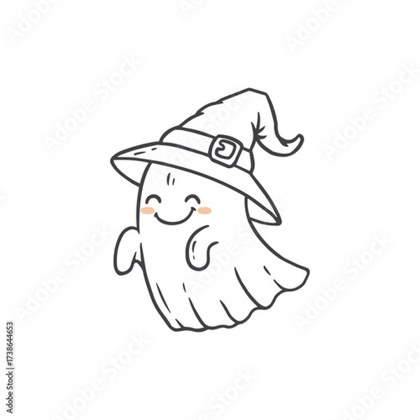 Fototapeta cute cartoon halloween ghost. Sketch of ghost on white background. Funny ghost in a witch's hat in doodle style. Vector illustration