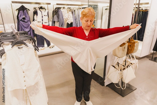 Fototapeta An elderly woman measures the length of her trousers with her hands in a store.