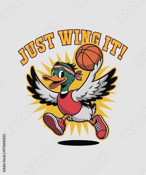 Obraz Cartoon duck playing basketball with wings spread motivational slogan design
