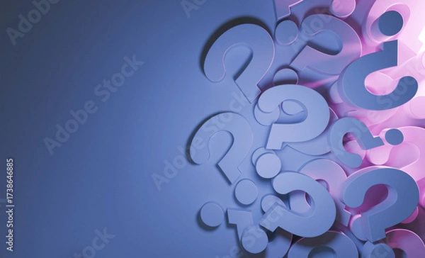 Fototapeta modern 3D rendering features a cluster of sleek, blue question mark symbols on blue gradient background with pink light, copy space. Conceptually represents inquiry, corporate questions, problem, FAQ