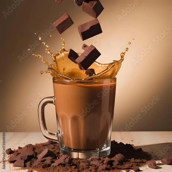 Fototapeta Pieces of dark chocolate fall into a glass of cocoa drink 