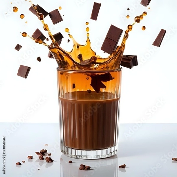 Fototapeta Pieces of dark chocolate fall into a glass of cocoa drink creating a beautiful splash
