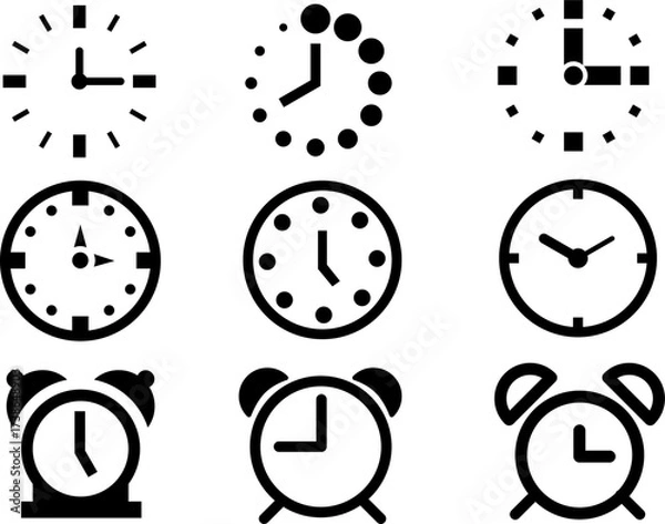 Fototapeta Nine Clock Icons And Illustrations Represent Time, Timeliness, Alarms, And Punctuality For Design Projects