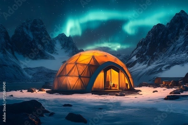 Fototapeta Geodesic dome glowing warmly beneath vibrant aurora in snowy arctic night scene