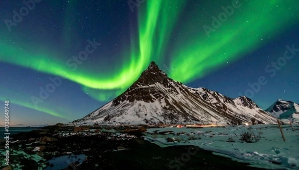 Obraz Dramatic green aurora borealis illuminates a snowy mountain scene