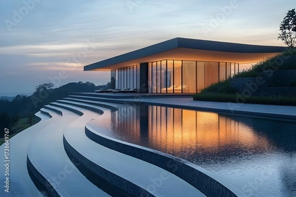 Fototapeta Modern hotel with panoramic windows and tiered pool at sunset, surrounded by natural landscape