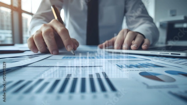 Fototapeta Businessman analyzing profit and quality management concepts long term cost planning, product quality, budgeting, financial forecasting, and company revenue and expense projections