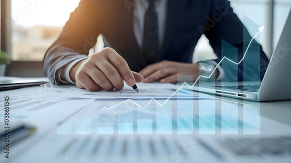Fototapeta Businessman analyzing profit and quality management concepts long term cost planning, product quality, budgeting, financial forecasting, and company revenue and expense projections