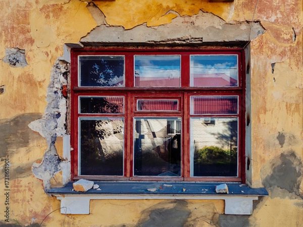 Fototapeta Broken window. Consequences of attack or disaster