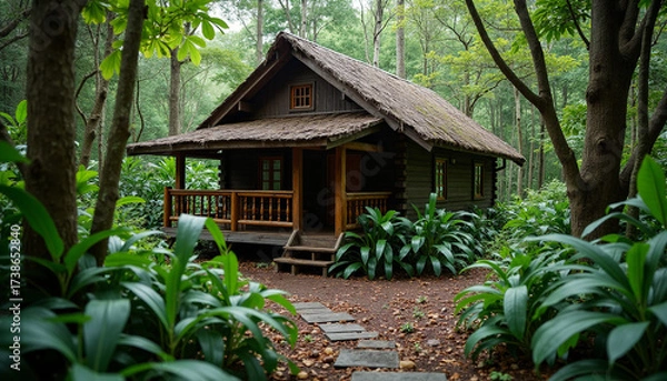 Obraz Cozy Rustic Cabin in Serene Forest Landscape