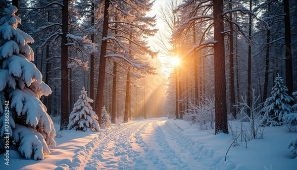 Obraz Sunlit Snowy Forest Landscape in Winter