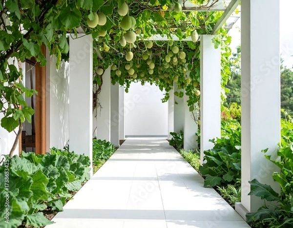 Obraz White walkway with archway of green vines and hanging fruit