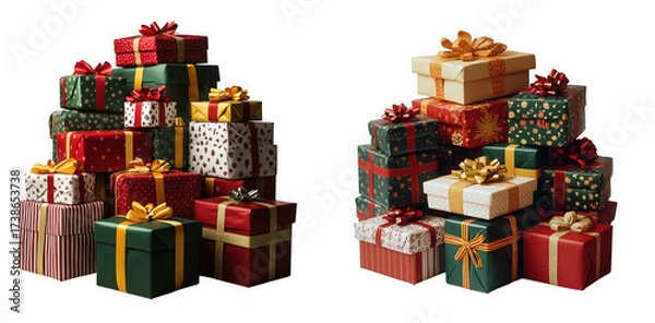 Fototapeta Stacks of colorful christmas gift boxes with ribbons isolated on transparent background