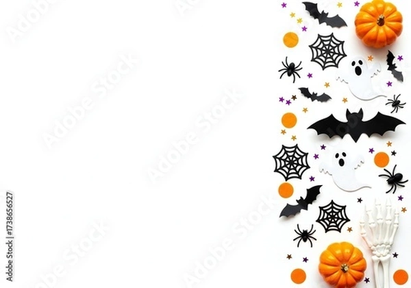 Fototapeta Halloween border with pumpkins ghosts bats spiders webs and stars on white