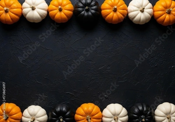 Fototapeta Rows of orange white and black mini pumpkins border a dark textured background