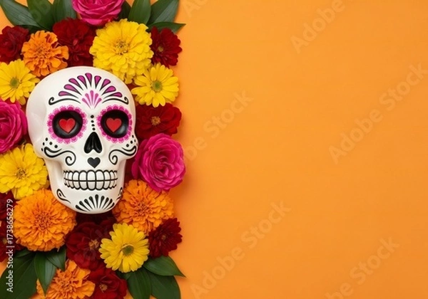Fototapeta Decorated sugar skull surrounded by vibrant flowers offering ample copy space