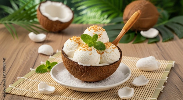 Fototapeta Creamy Coconut Ice Cream Dessert Served in Natural Shell with Tropical Refreshment
